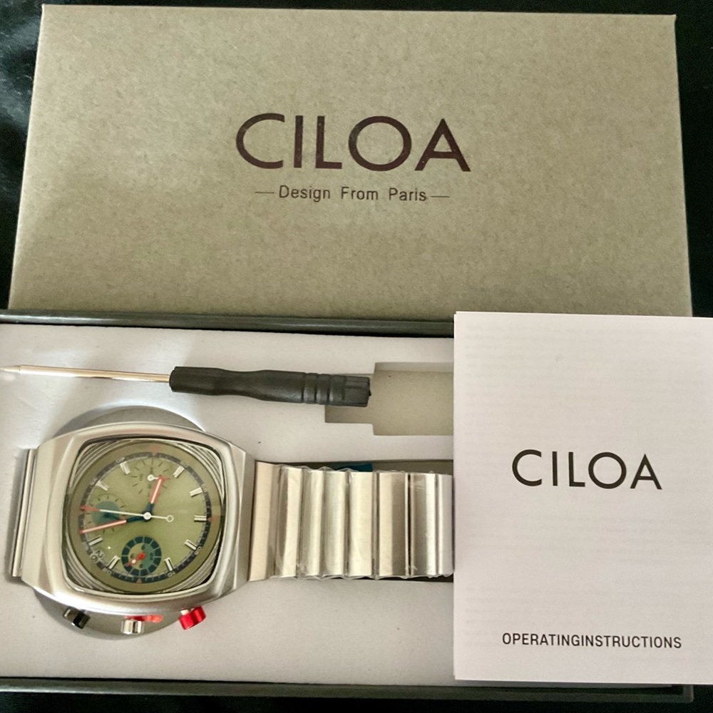 NIB Gorgeous Vintage Style Ciloa 40mm Chronograph W Date and 24 Hour Register
